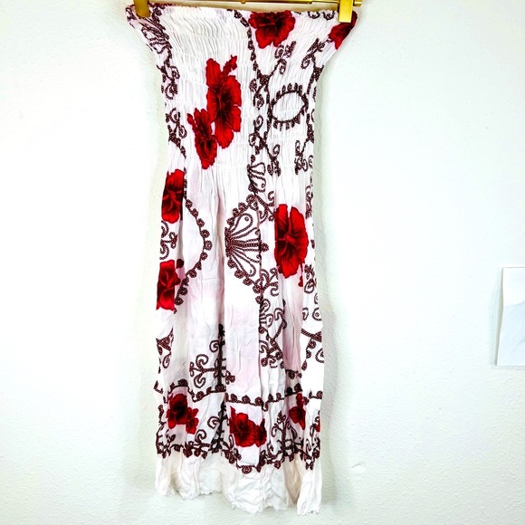 Strapless Smocked Dress White Pink Floral Boho Beach Cover-Up Small 27.5” Length - Picture 2 of 9